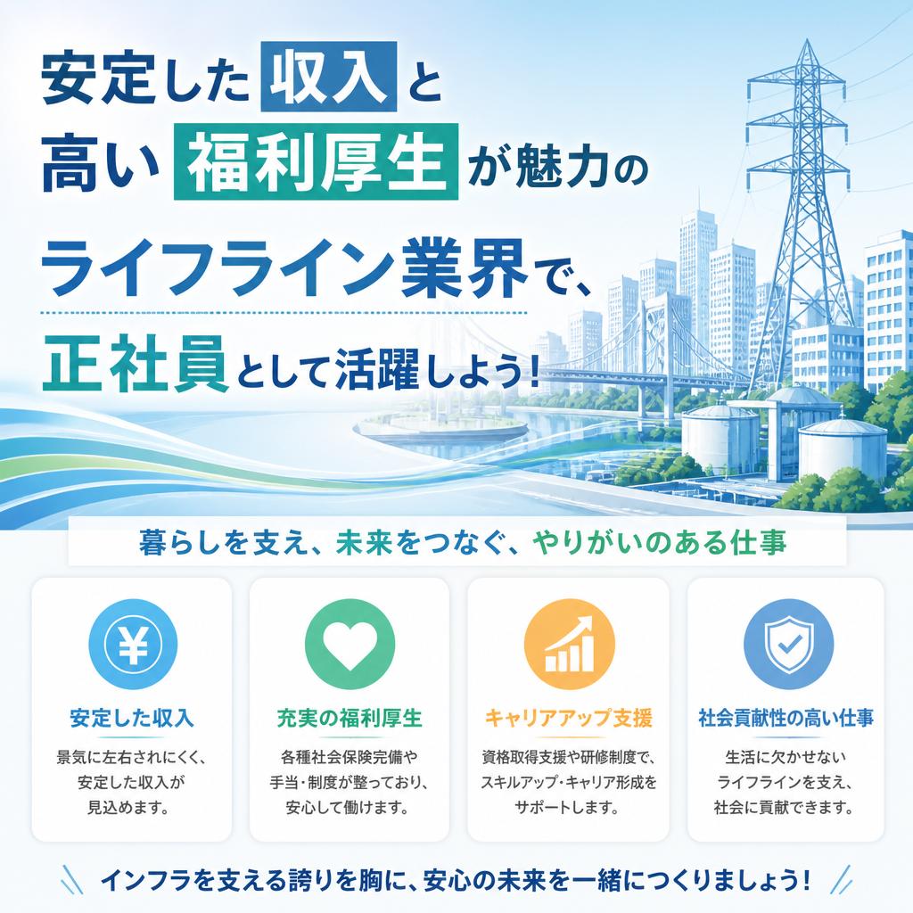 安定した収入と高い福利厚生が魅力のライフライン業界で、正社員として活躍しよう！