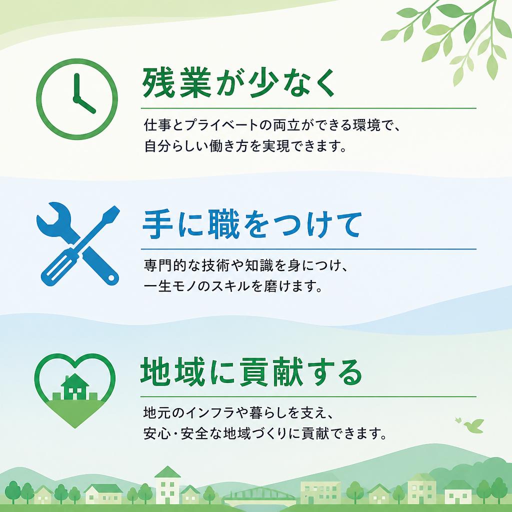 残業が少なく、手に職をつけて地域に貢献する