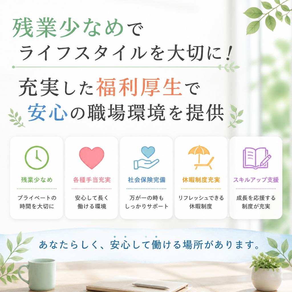 残業少なめでライフスタイルを大切に！充実した福利厚生で安心の職場環境を提供