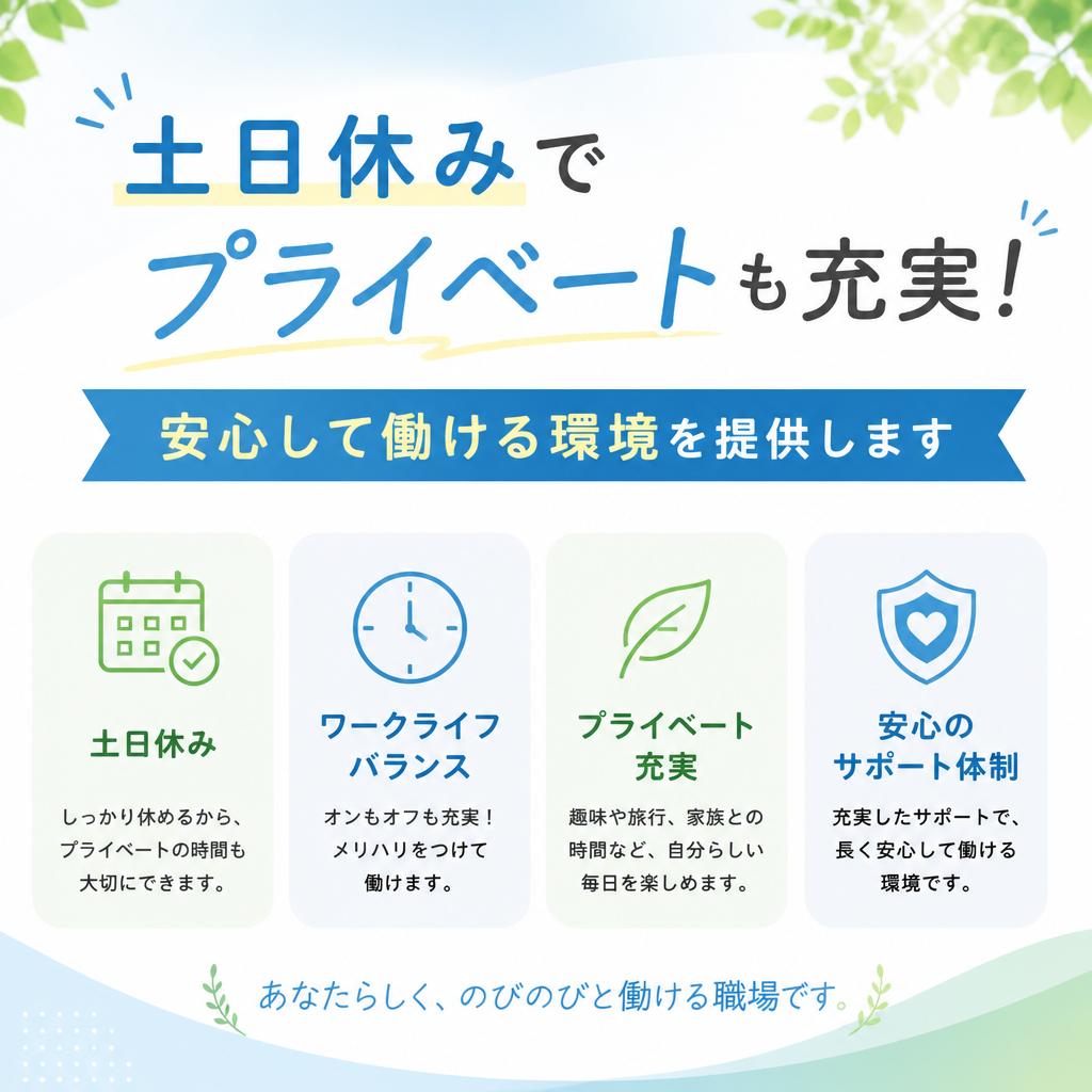 土日休みでプライベートも充実！安心して働ける環境を提供します