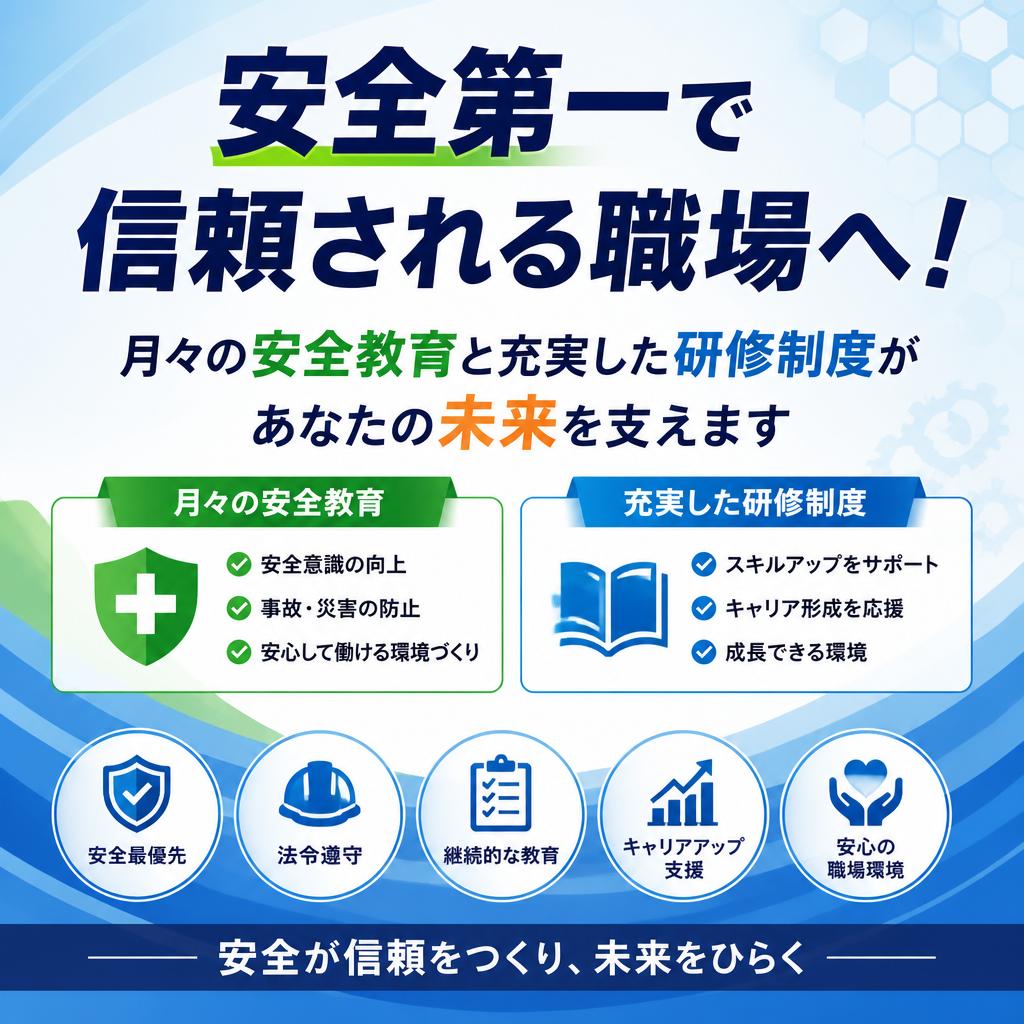 安全第一で信頼される職場へ！月々の安全教育と充実した研修制度があなたの未来を支えます