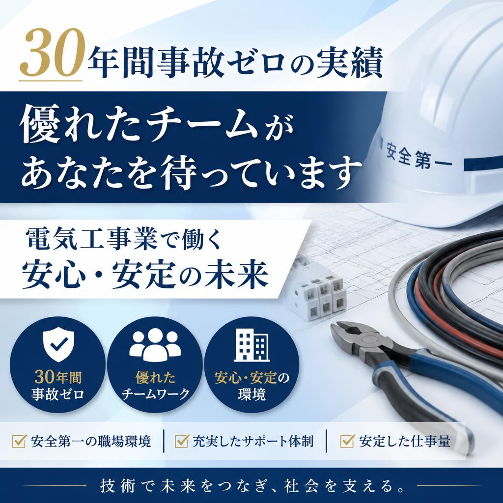 30年間事故ゼロの実績、優れたチームがあなたを待っています - 電気工事業で働く安心・安定の未来