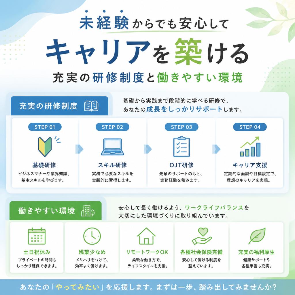 未経験からでも安心してキャリアを築ける充実の研修制度と働きやすい環境