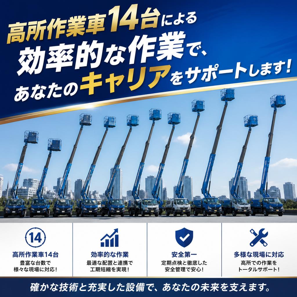 高所作業車14台による効率的な作業で、あなたのキャリアをサポートします！