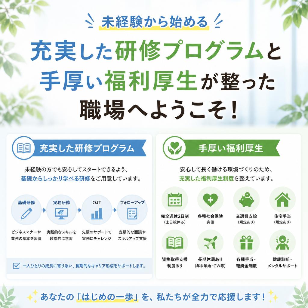 未経験から始める充実した研修プログラムと手厚い福利厚生が整った職場へようこそ！
