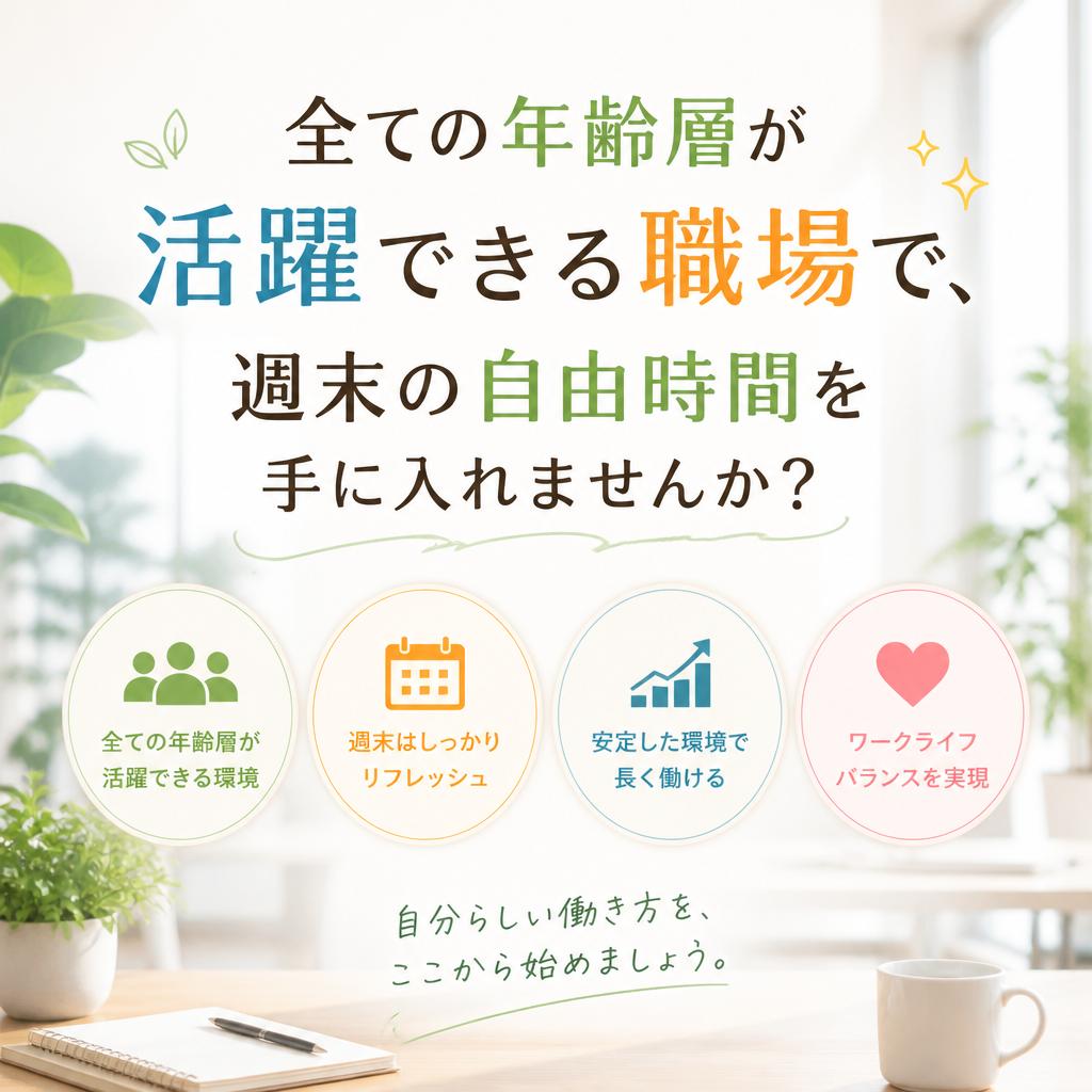 全ての年齢層が活躍できる職場で、週末の自由時間を手に入れませんか？