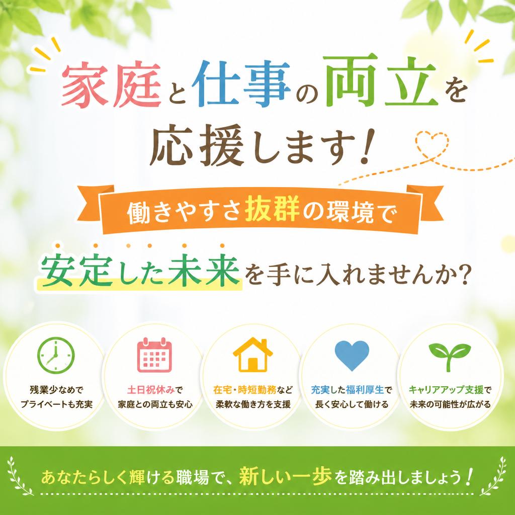 家庭と仕事の両立を応援します！働きやすさ抜群の環境で安定した未来を手に入れませんか？