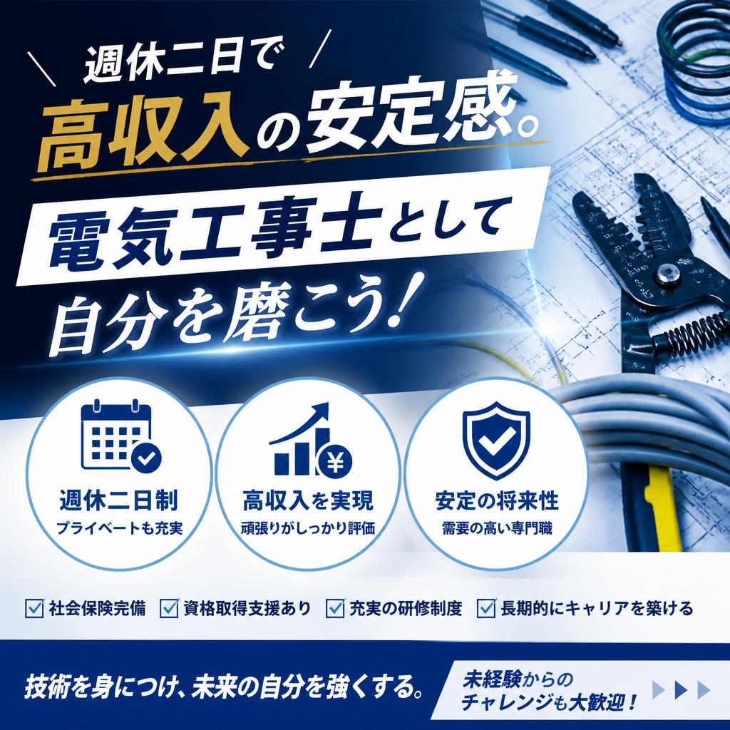 週休二日で高収入の安定感。電気工事士として自分を磨こう！